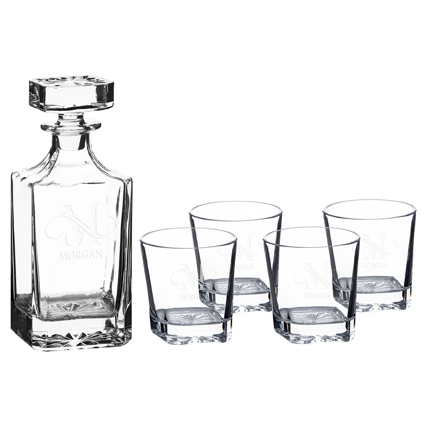 Bulk Custom Engraved - Polar Camel 750ml Square Glass Decanter Set with Four Glasses in a Black Gift Box - Bulk Engraving