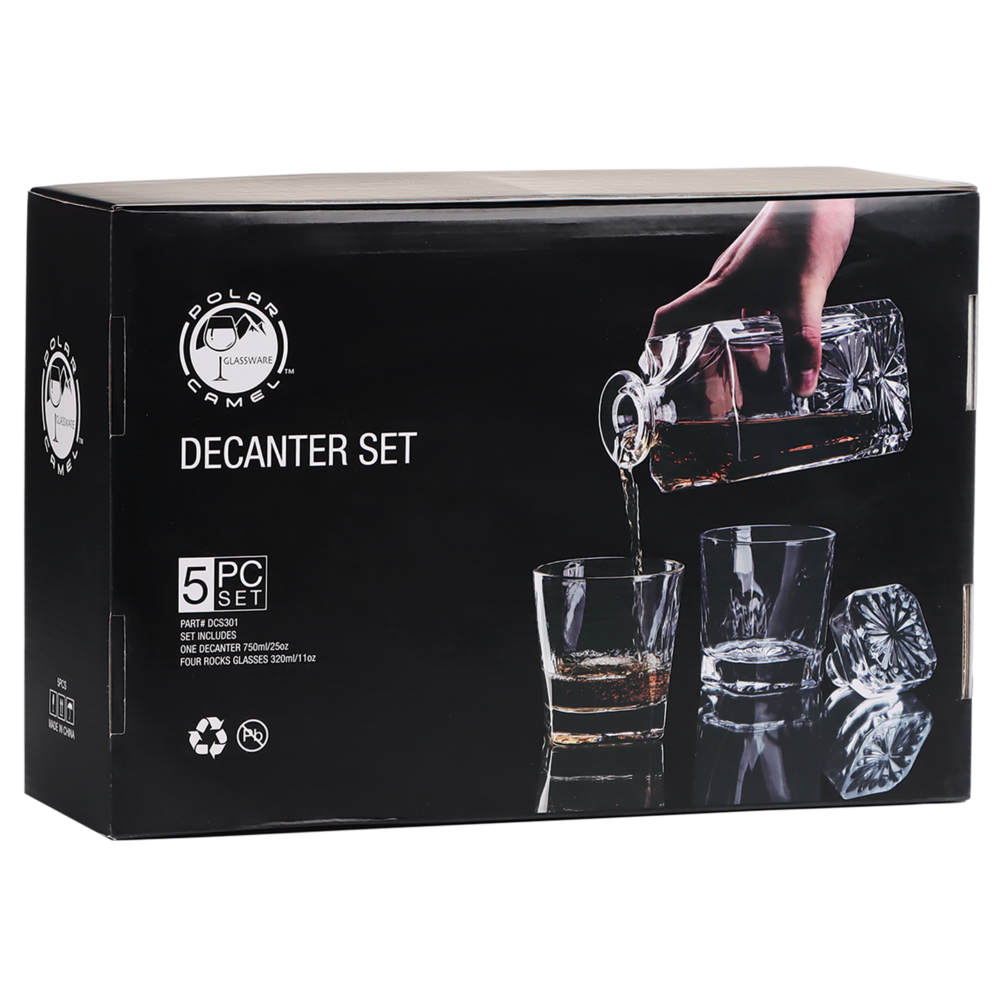Bulk Custom Engraved - Polar Camel 750ml Square Glass Decanter Set with Four Glasses in a Black Gift Box - Bulk Engraving