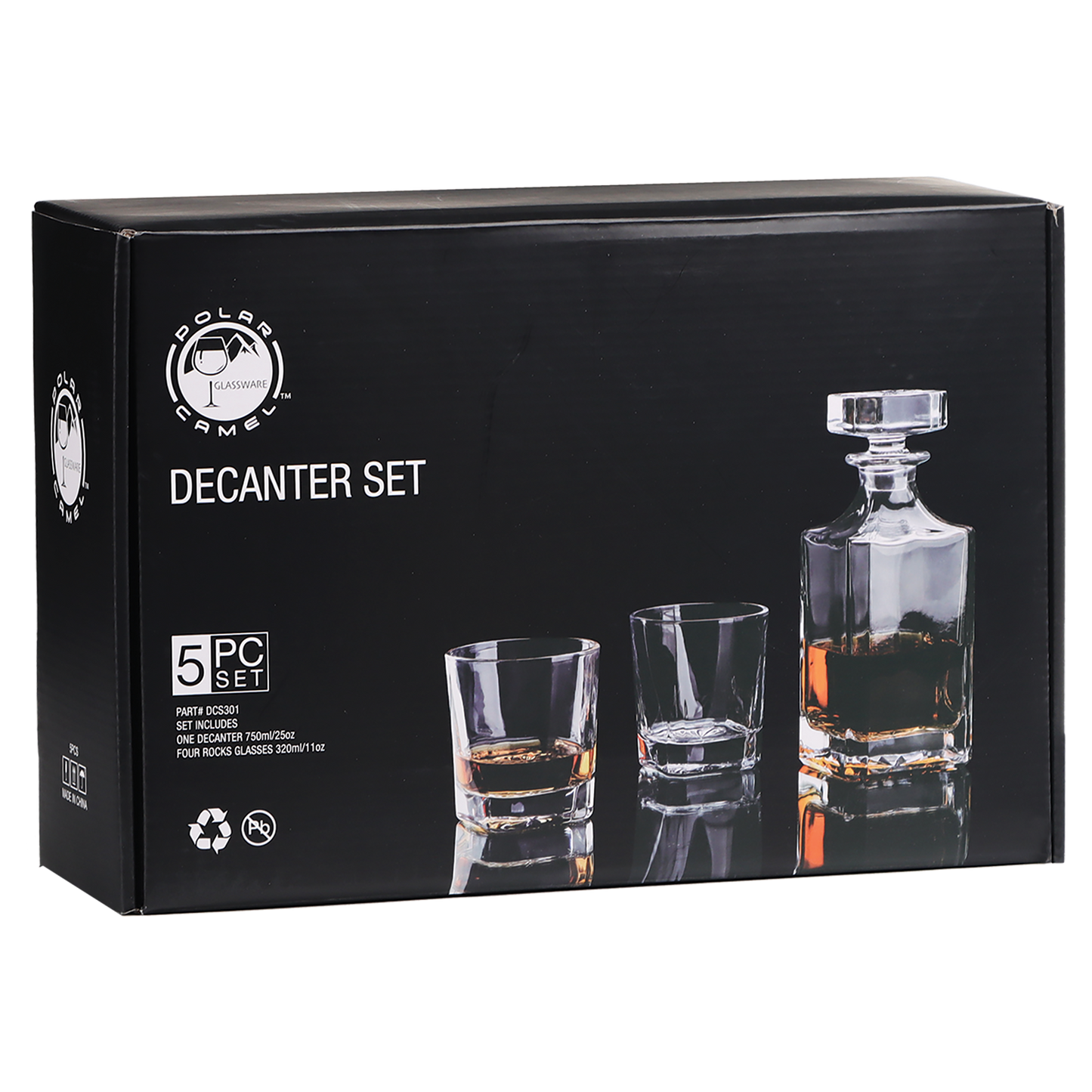 Bulk Custom Engraved - Polar Camel 750ml Square Glass Decanter Set with Four Glasses in a Black Gift Box - Bulk Engraving