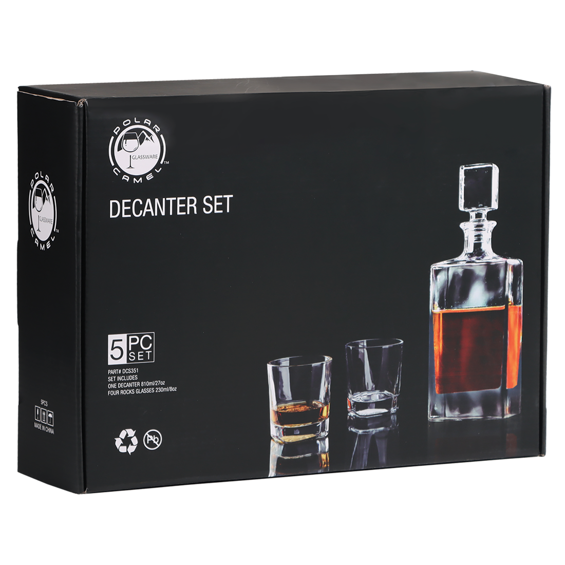 Bulk Custom Engraved - Polar Camel 810ml Rectangle Glass Decanter Set with Four Glasses in a Black Gift Box - Bulk Engraving