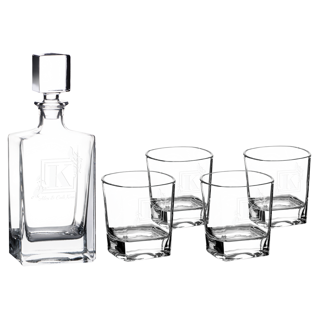 Bulk Custom Engraved - Polar Camel 810ml Rectangle Glass Decanter Set with Four Glasses in a Black Gift Box - Bulk Engraving