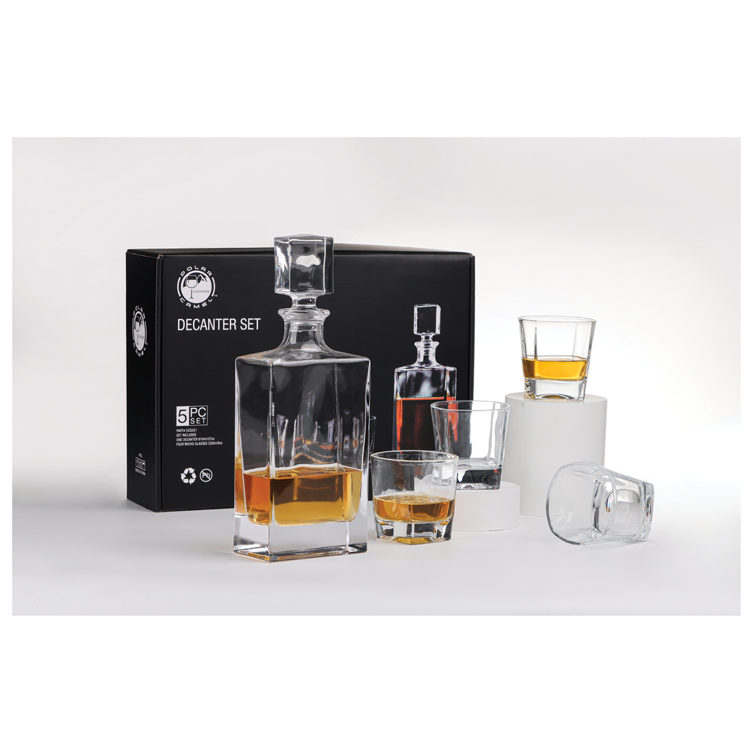 Bulk Custom Engraved - Polar Camel 810ml Rectangle Glass Decanter Set with Four Glasses in a Black Gift Box - Bulk Engraving