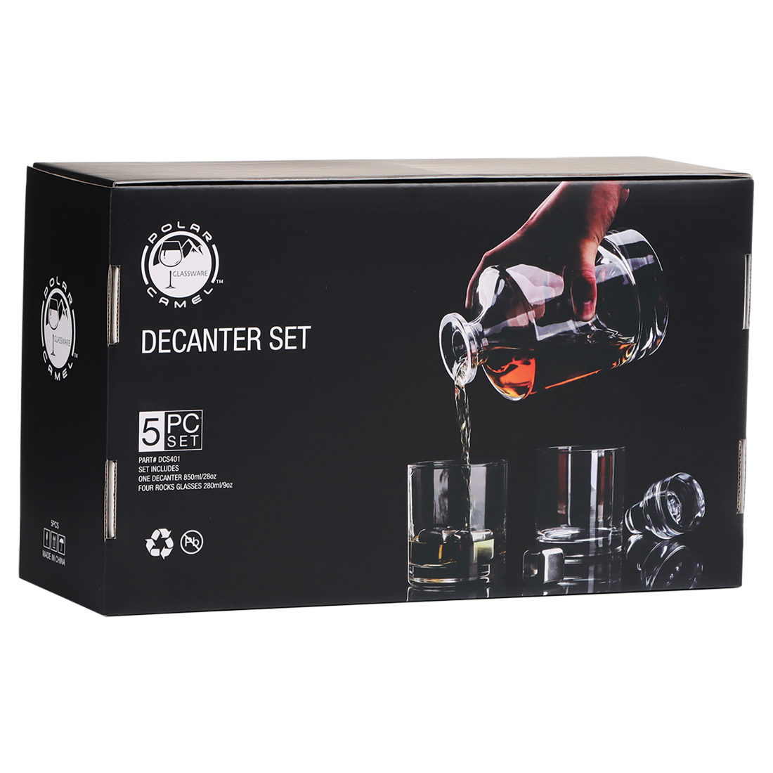 Bulk Custom Engraved - Polar Camel 850ml Rectangle Glass Decanter Set with Four Glasses in a Black Gift Box - Bulk Engraving