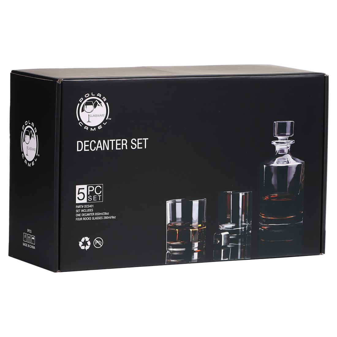 Bulk Custom Engraved - Polar Camel 850ml Rectangle Glass Decanter Set with Four Glasses in a Black Gift Box - Bulk Engraving