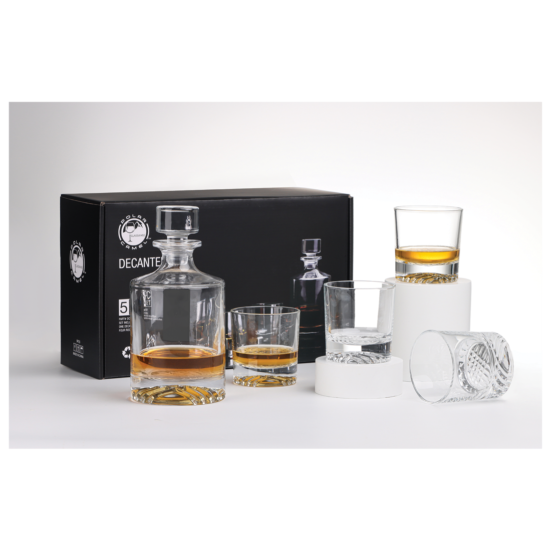 Bulk Custom Engraved - Polar Camel 850ml Rectangle Glass Decanter Set with Four Glasses in a Black Gift Box - Bulk Engraving