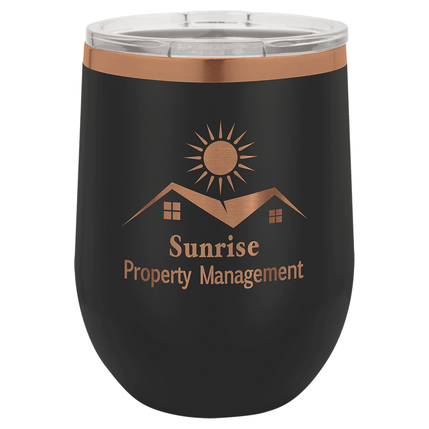 Bulk Custom Engraved - Polar Camel 12 oz. Black/Rose Gold Stemless Wine Tumbler with Clear Lid - Bulk Engraving